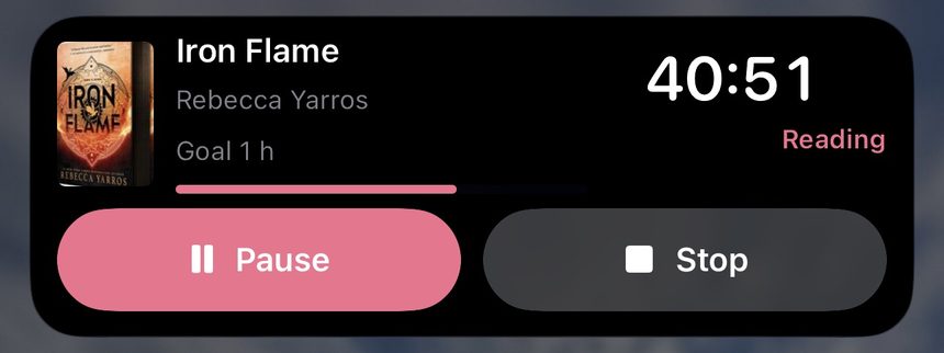 The reading timer on the Lock Screen with Pause and Stop buttons