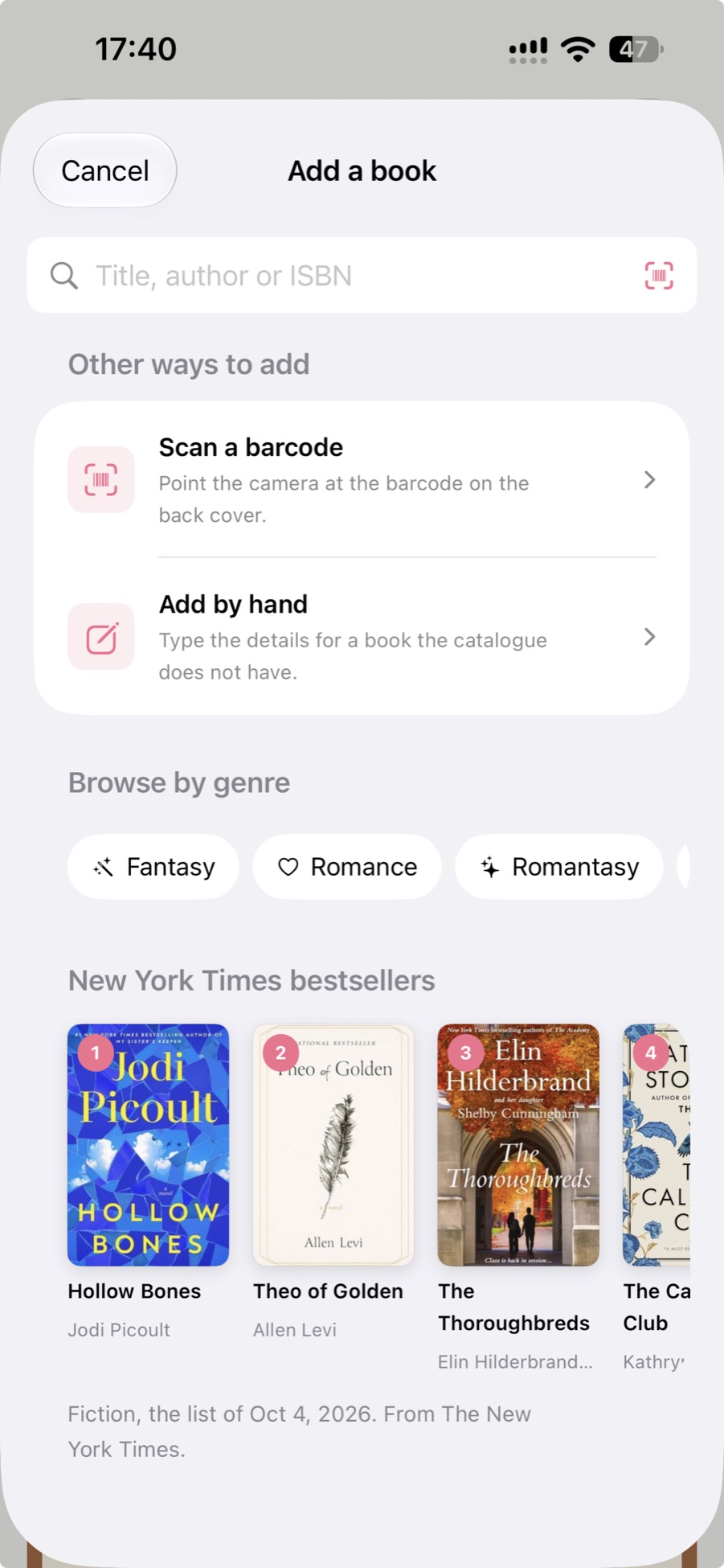 The Add a book screen with search, barcode scan and bestsellers