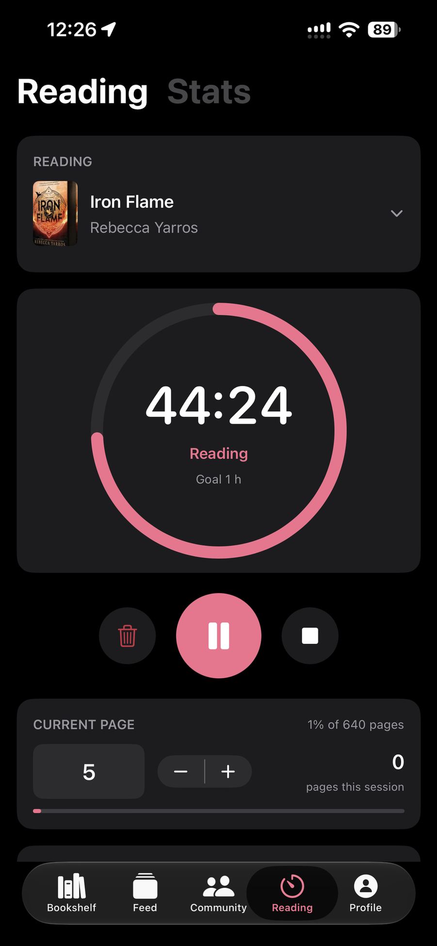 The reading timer at 44 minutes toward a one hour goal for Iron Flame