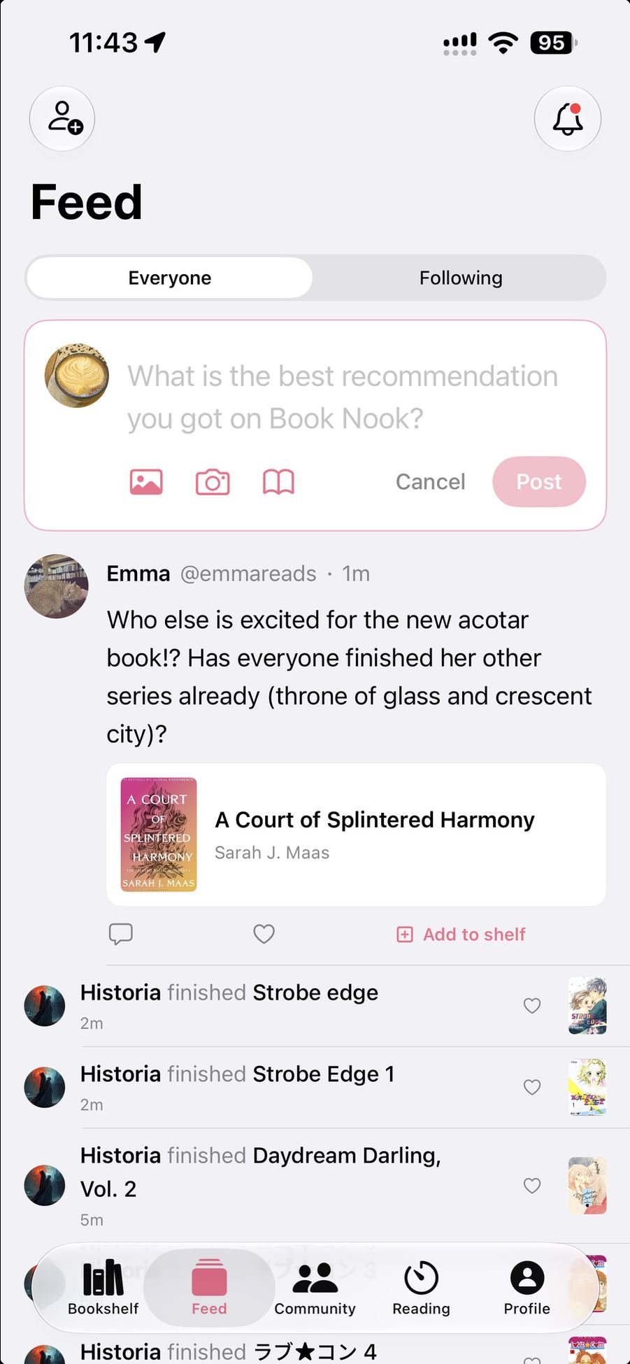 The feed with a post about a book and readers finishing books